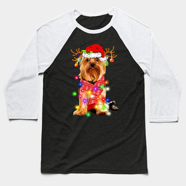 Funny Yorkshire Terrier Dog Christmas Light Santa Hat Ugly Sweater Baseball T-Shirt by QUYNH SOCIU